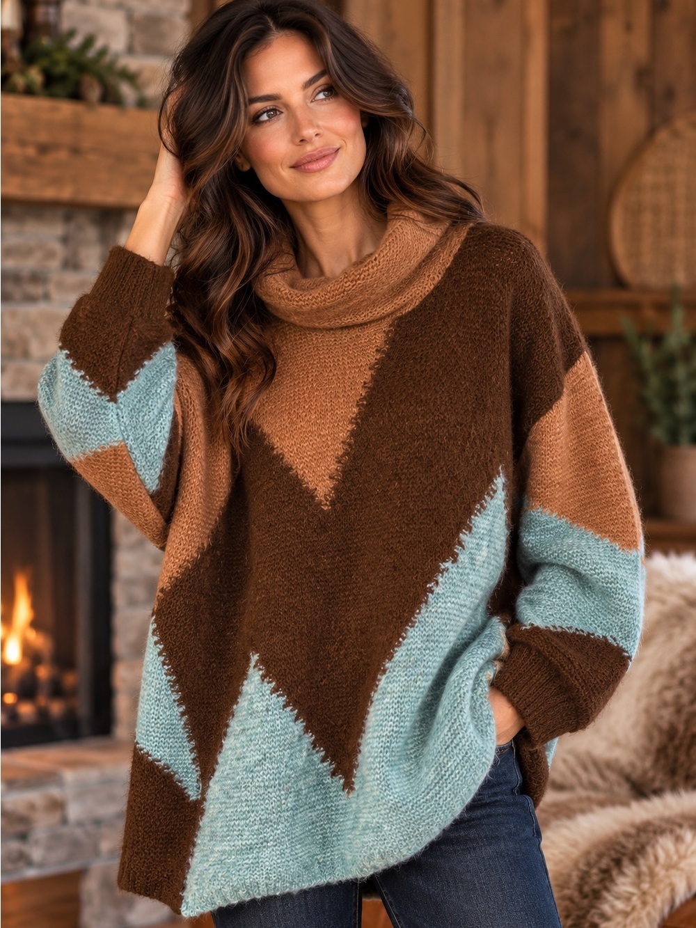 Oversized Colour Block Turtleneck Sweater